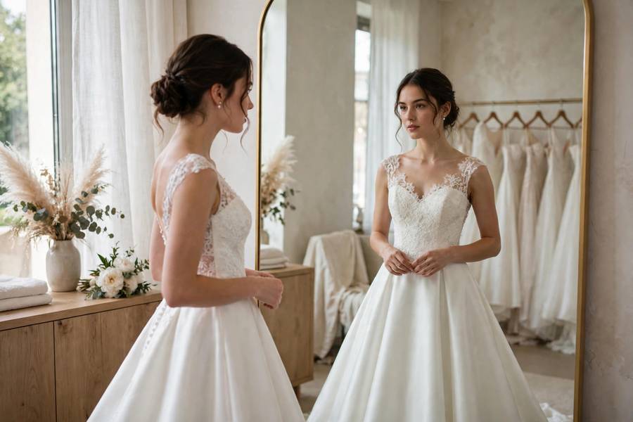 Bride trying on A-line wedding dress in salon mirror