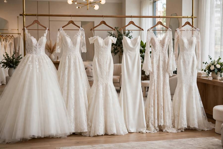 Different wedding dress silhouettes on display