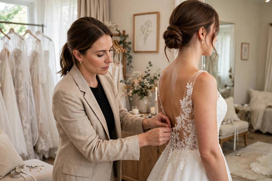 Consultant helping bride with dress fitting