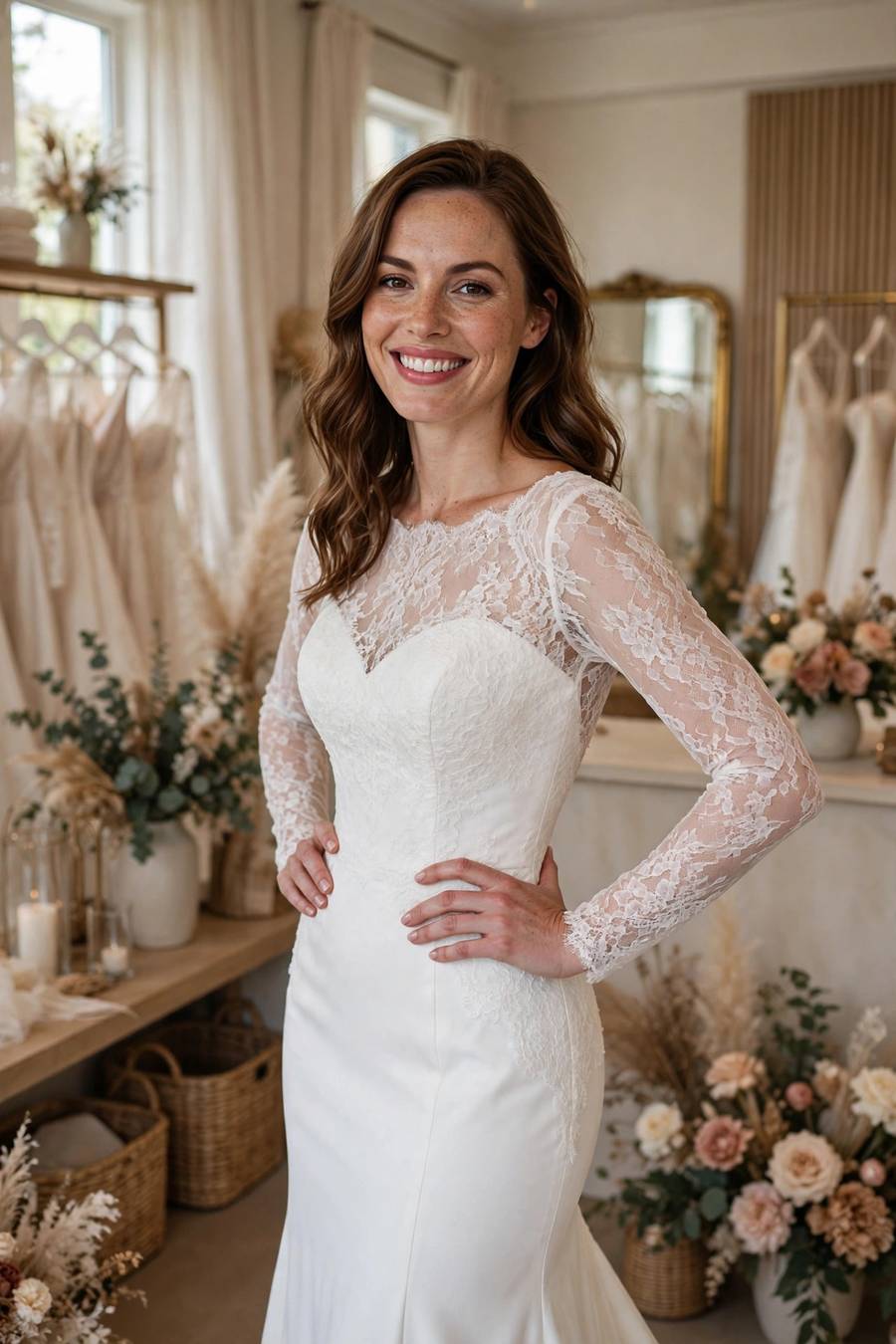 Bride smiling in a fitted mermaid wedding dress