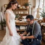 Wedding Dress Shopping Timeline: When to Do Everything Bride at first dress fitting with tailor