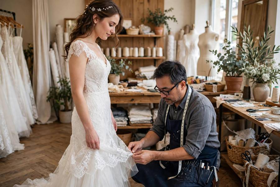 Bride at first dress fitting with tailor