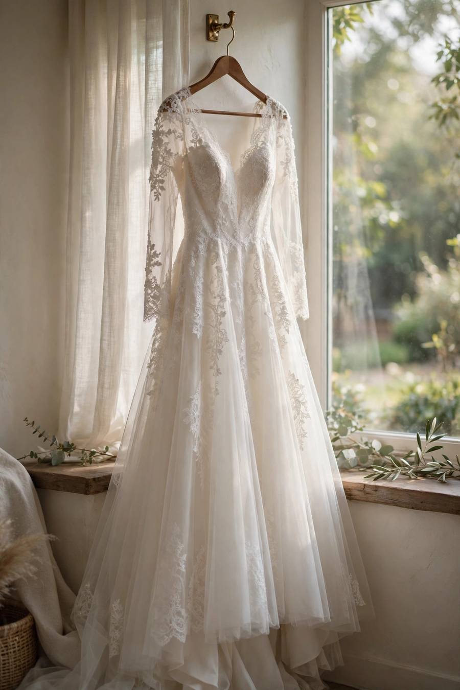 Finished wedding dress on a hanger before the wedding