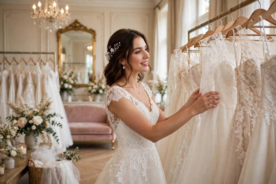 Bride wedding dress shopping at salon