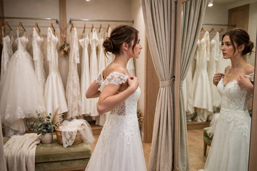 Bride trying on wedding dresses