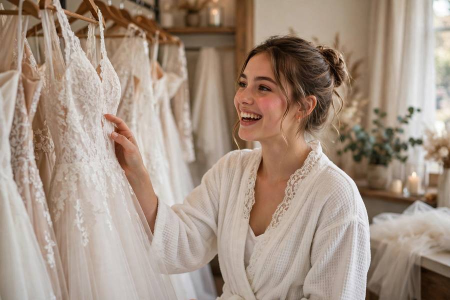 Happy bride finding her dress