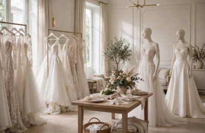 Bridal boutique interior with wedding dresses — wedding dress styles explained