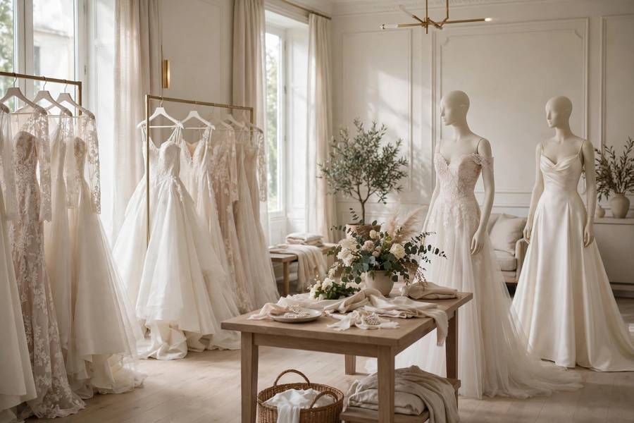 Bridal boutique interior with wedding dresses — wedding dress styles explained