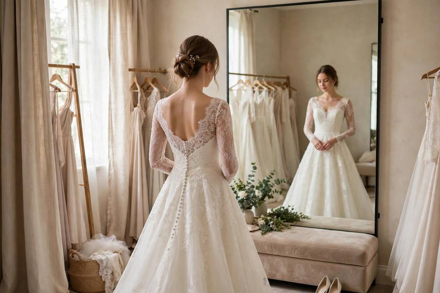 Bride trying on an A-line wedding dress style in a boutique fitting room