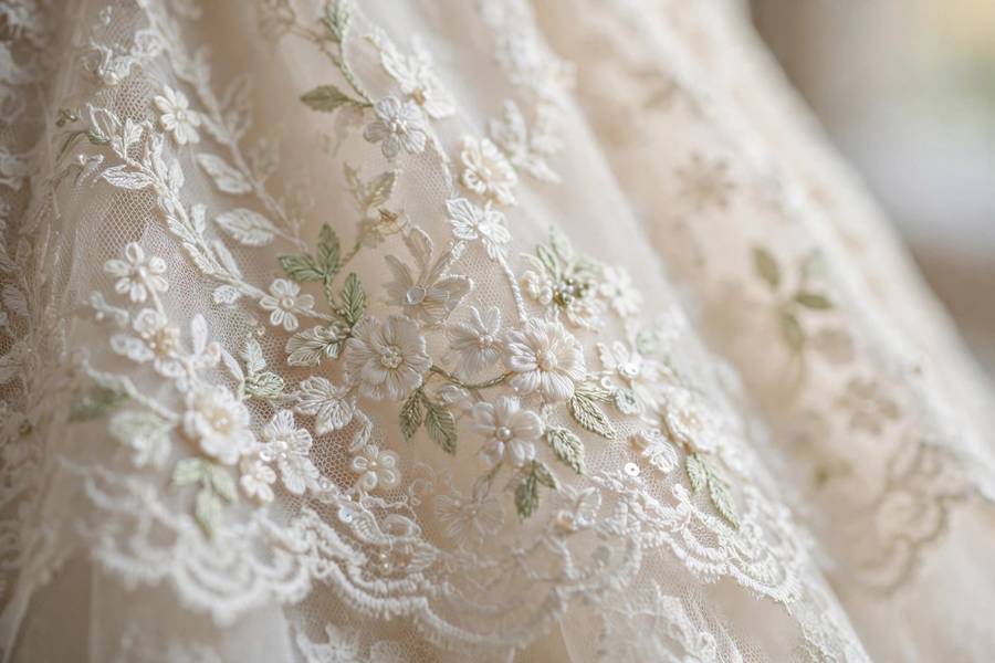 Close-up of lace fabric detail on a wedding dress