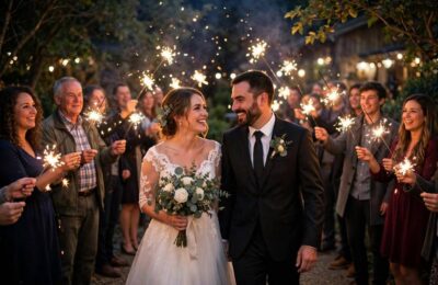 A sparkler tunnel send-off — classic wedding exit ideas done right with venue permission