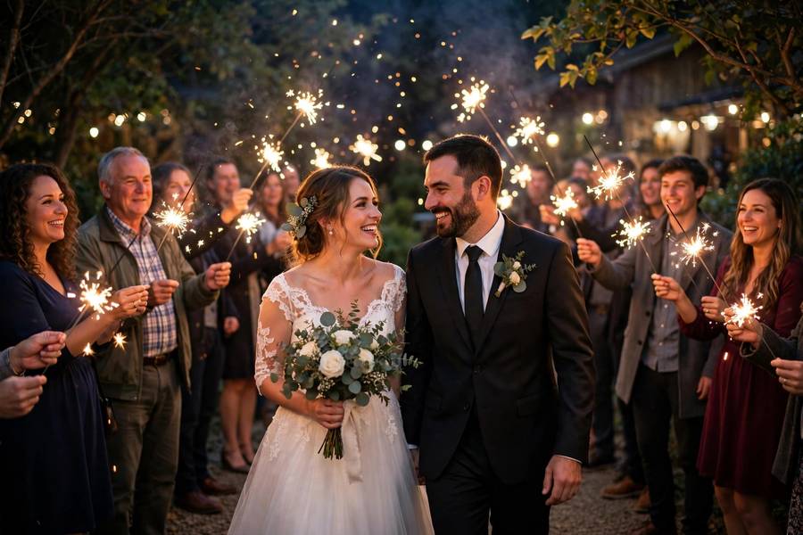 A sparkler tunnel send-off — classic wedding exit ideas done right with venue permission