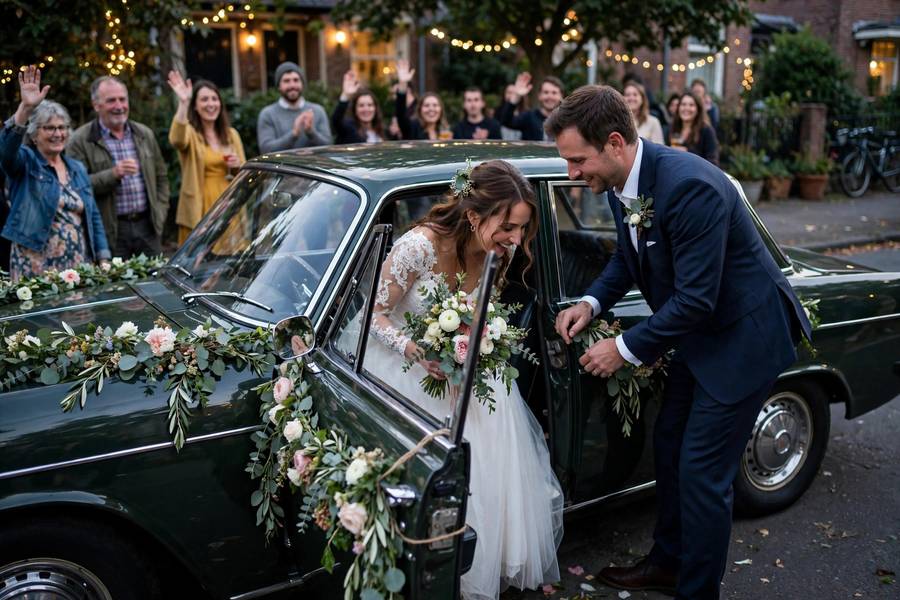 Vintage car getaway — wedding exit ideas with a grand departure vehicle