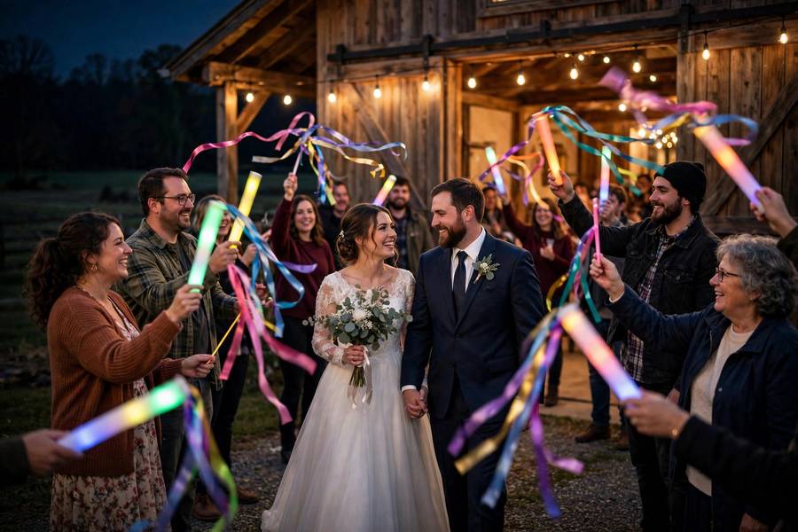 Glow stick send-off at a barn venue — creative wedding exit ideas for nighttime exits