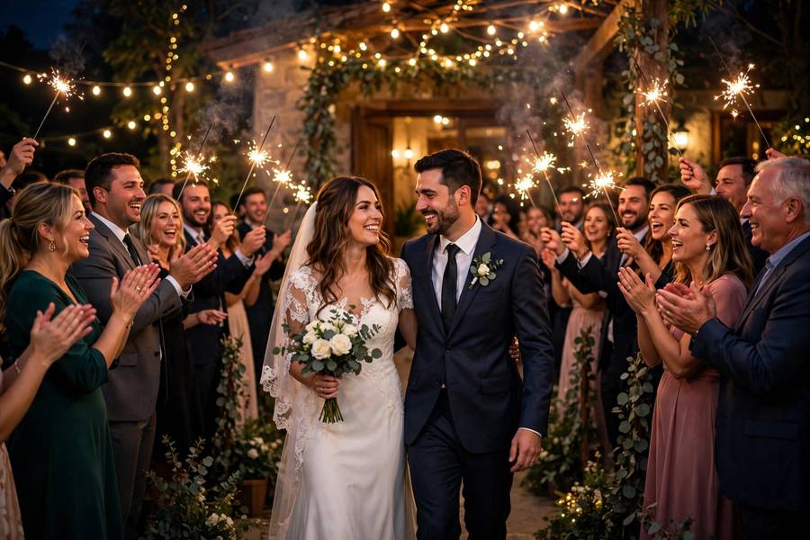 Couple exiting wedding at night