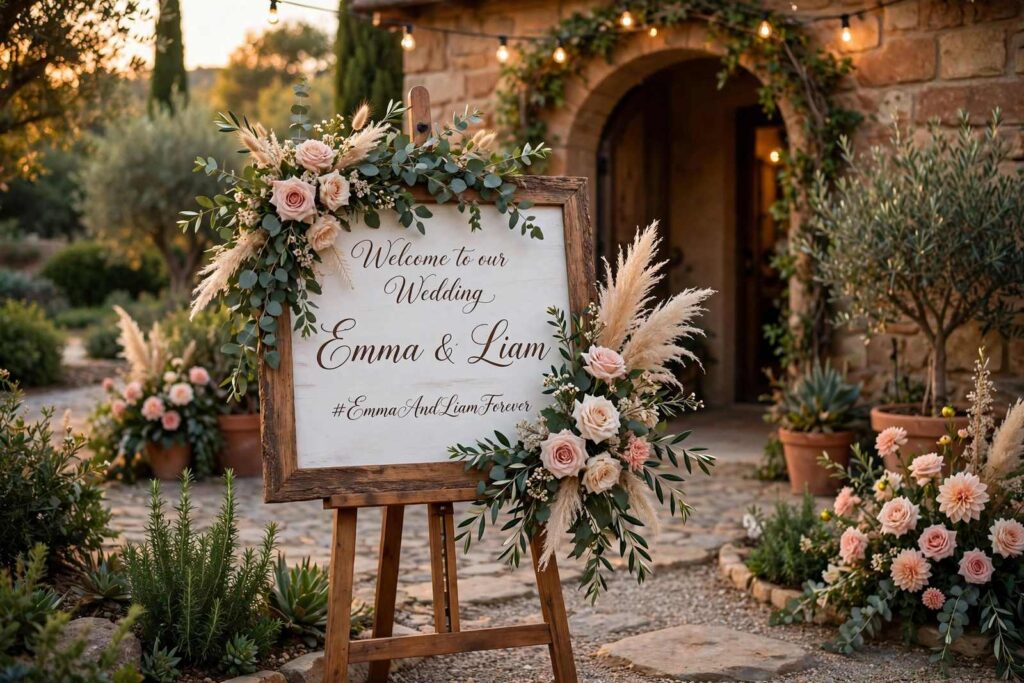 Wedding sign displaying the couple's hashtag at the reception entrance