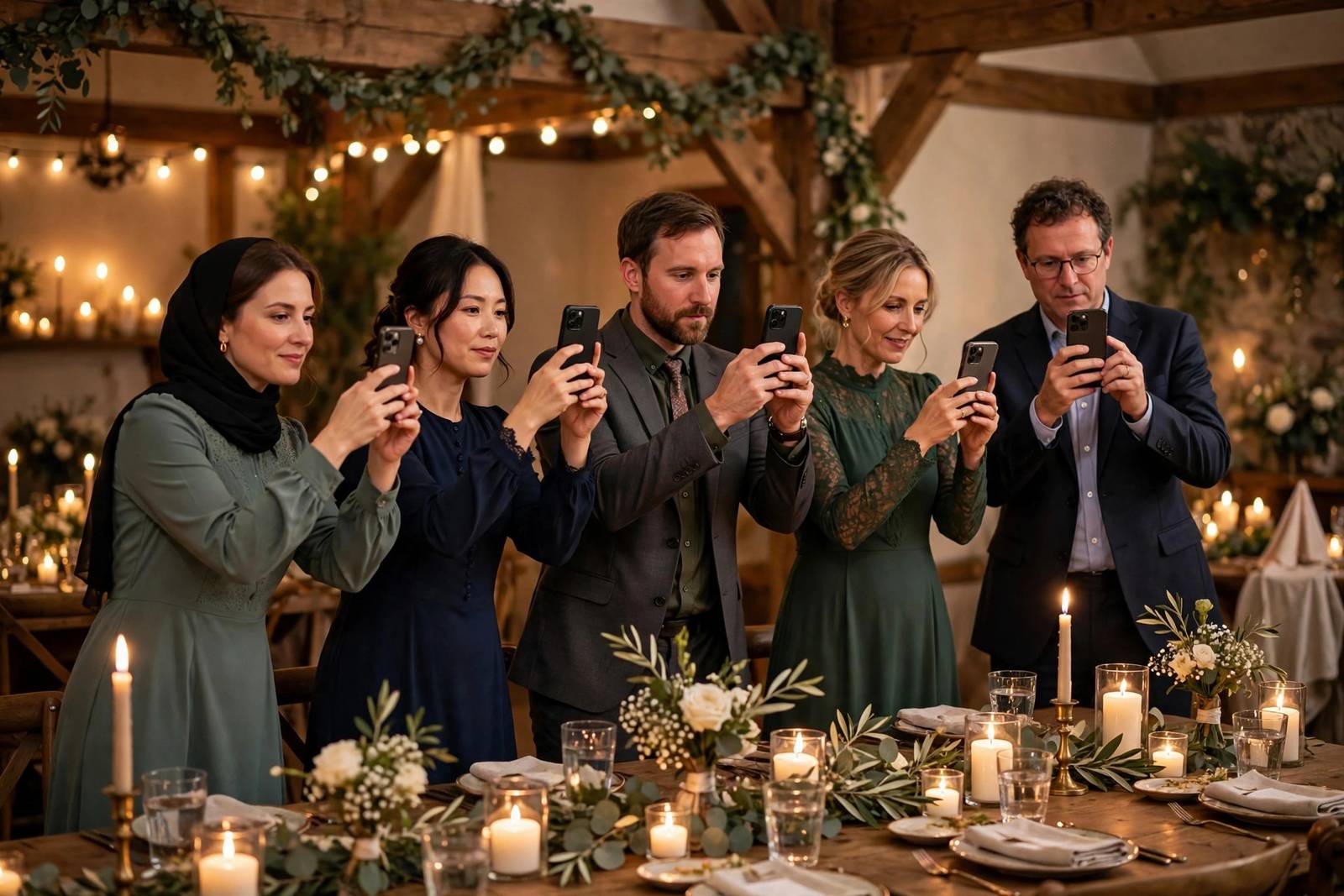 Guests taking photos with phones at a wedding reception