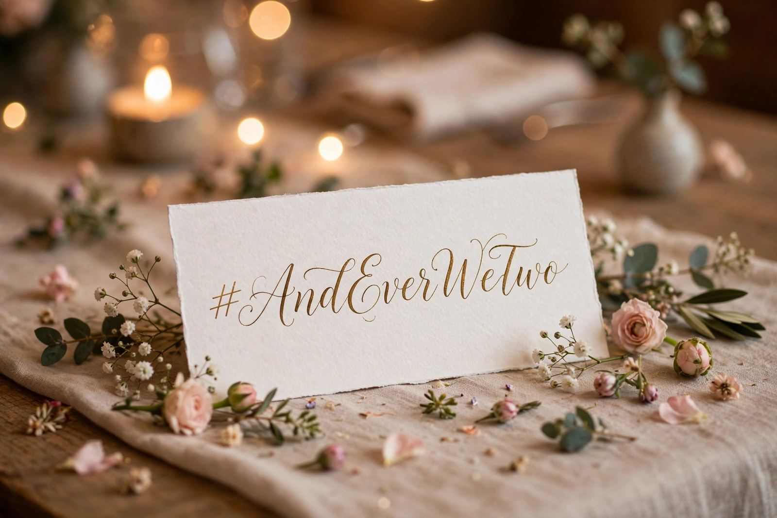 Close-up of a beautifully lettered wedding hashtag sign on a table