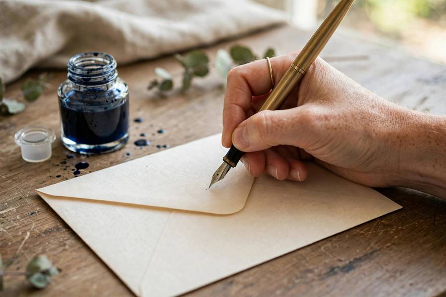 A calligrapher at work — professional wedding invitation addressing for formal weddings