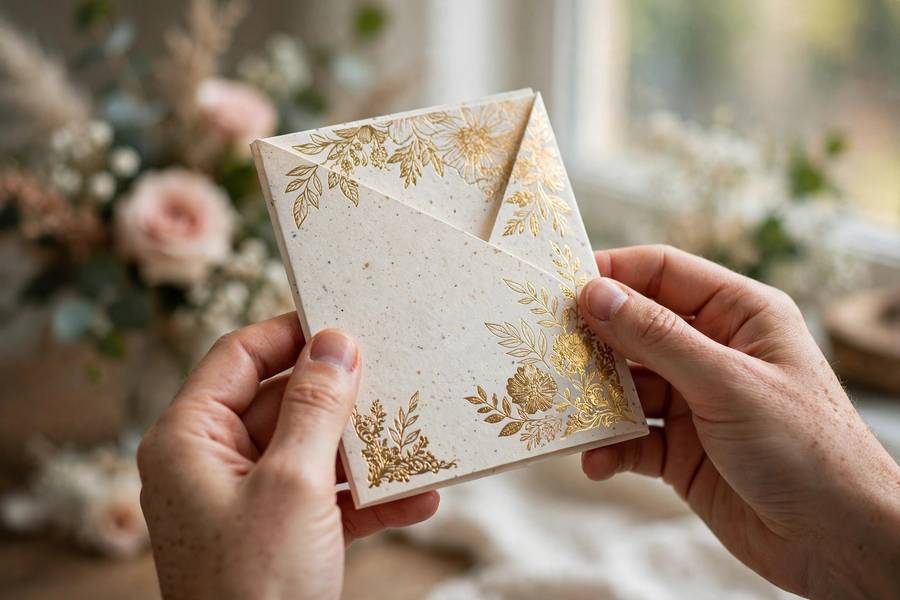 Gold foil wedding invitation wording held up to the light