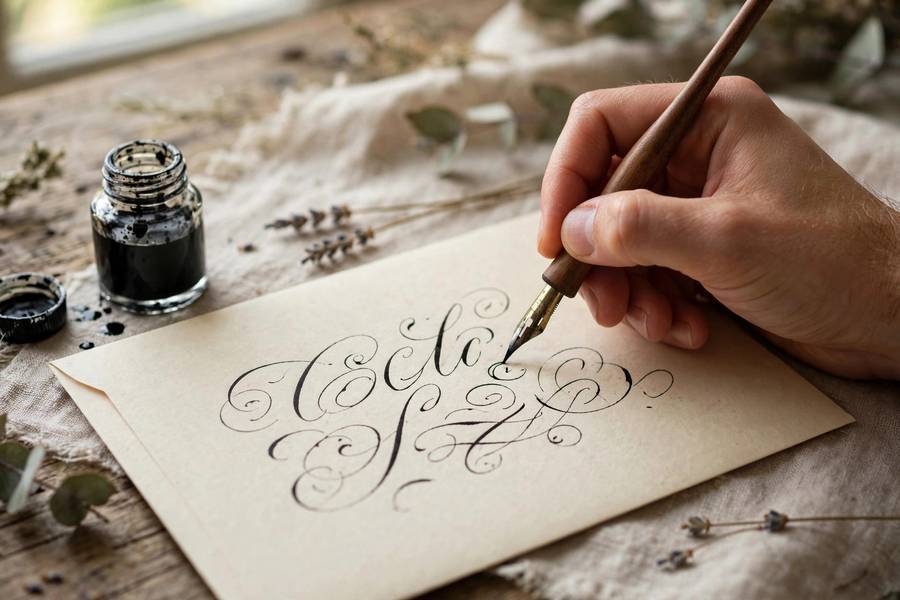 Hand calligraphy addressing a wedding envelope — the final touch after nailing the wedding invitation wording