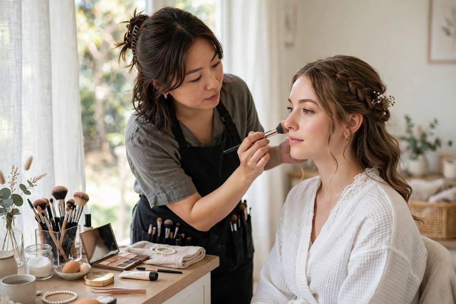 A makeup artist at work — professional wedding makeup tips start with the trial