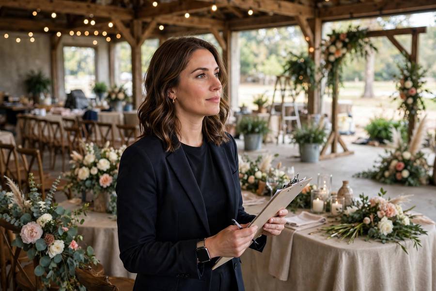 Wedding coordinator with clipboard at venue