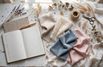 A wedding planning checklist with fabric swatches and a calendar — the complete 12-month planning timeline
