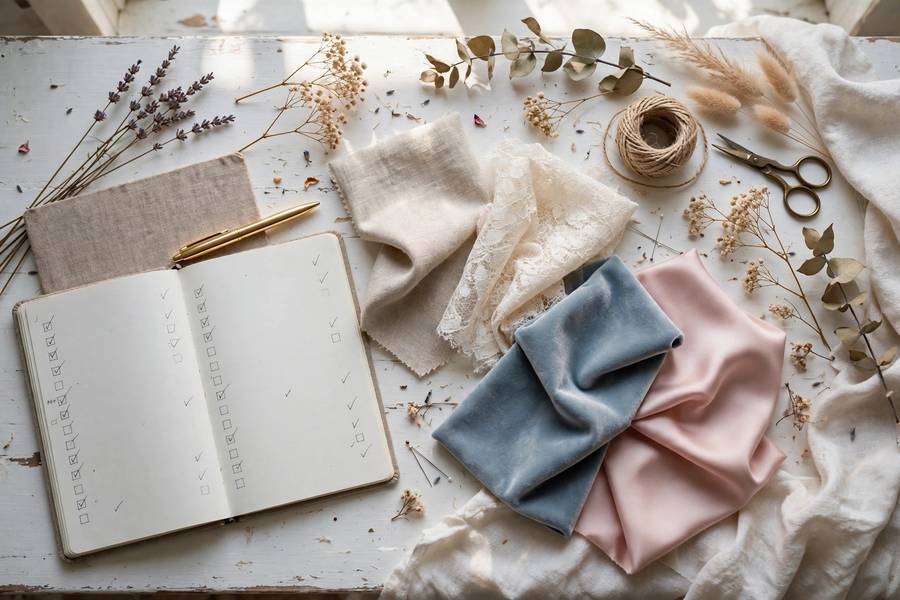 A wedding planning checklist with fabric swatches and a calendar — the complete 12-month planning timeline