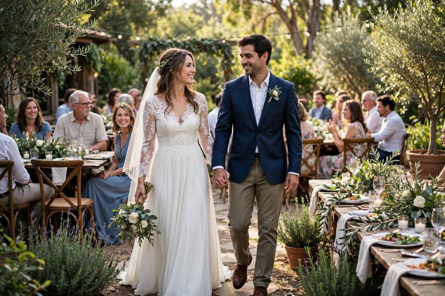 A couple at their garden ceremony — the result of following a thorough wedding planning checklist