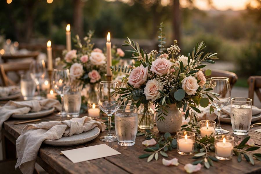 A reception table with place cards and candles — details organized months ahead on the wedding planning checklist