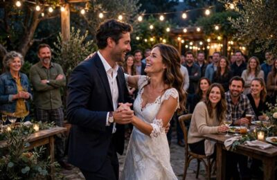 The first dance under string lights — every wedding reception song list starts with this moment
