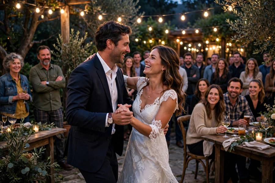 The first dance under string lights — every wedding reception song list starts with this moment