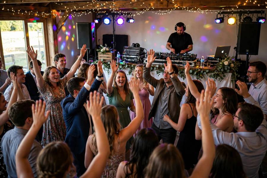 A packed dance floor — the right wedding reception song list keeps it full all night