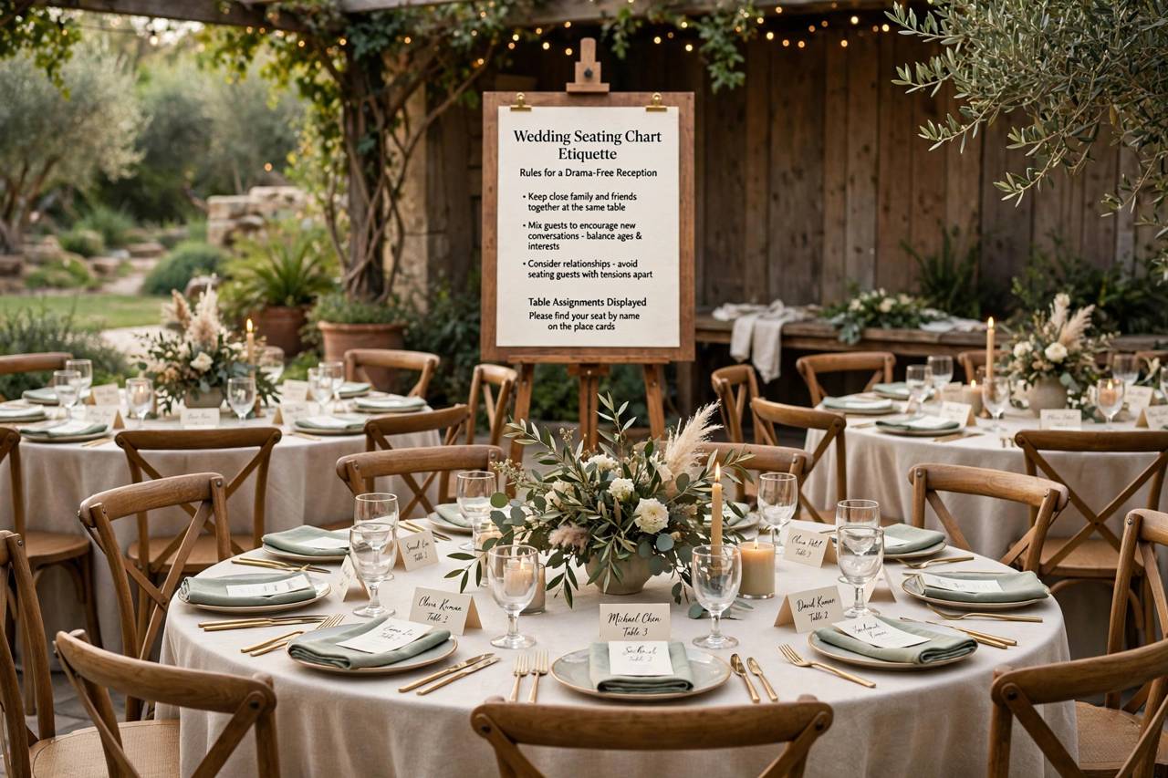 Round reception tables set for dinner with place cards at a wedding venue