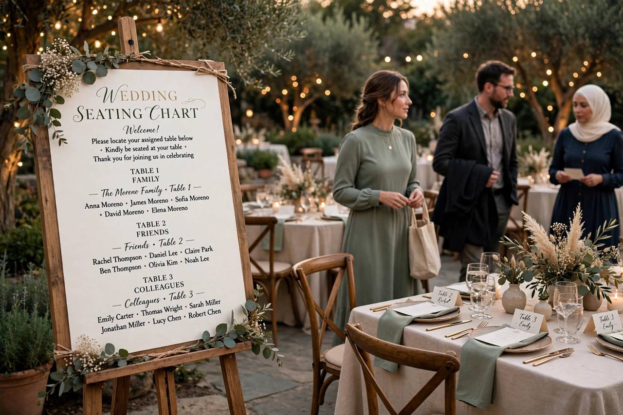 Wedding guests finding their seats at decorated reception tables during dinner