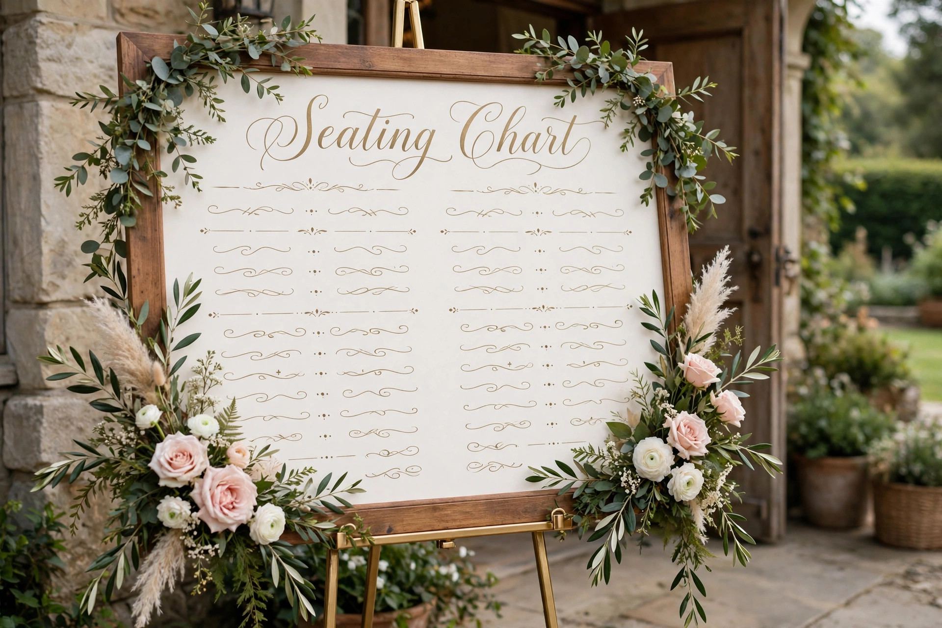Seating chart display board with greenery at a wedding venue — wedding seating chart ideas