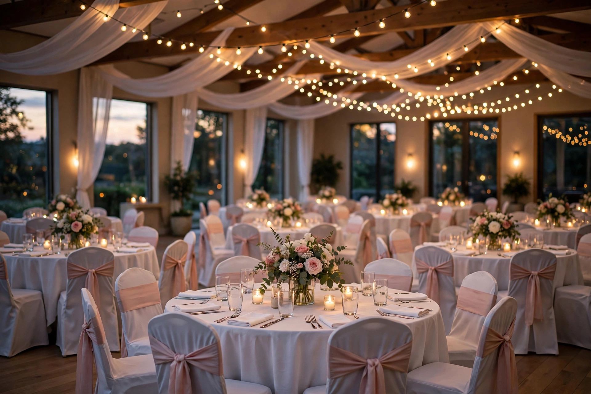 Round reception tables set for a wedding with centerpieces — wedding seating chart ideas