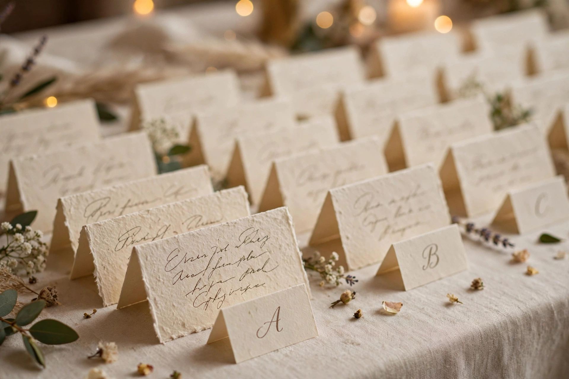 Handwritten escort cards arranged alphabetically — wedding seating chart ideas