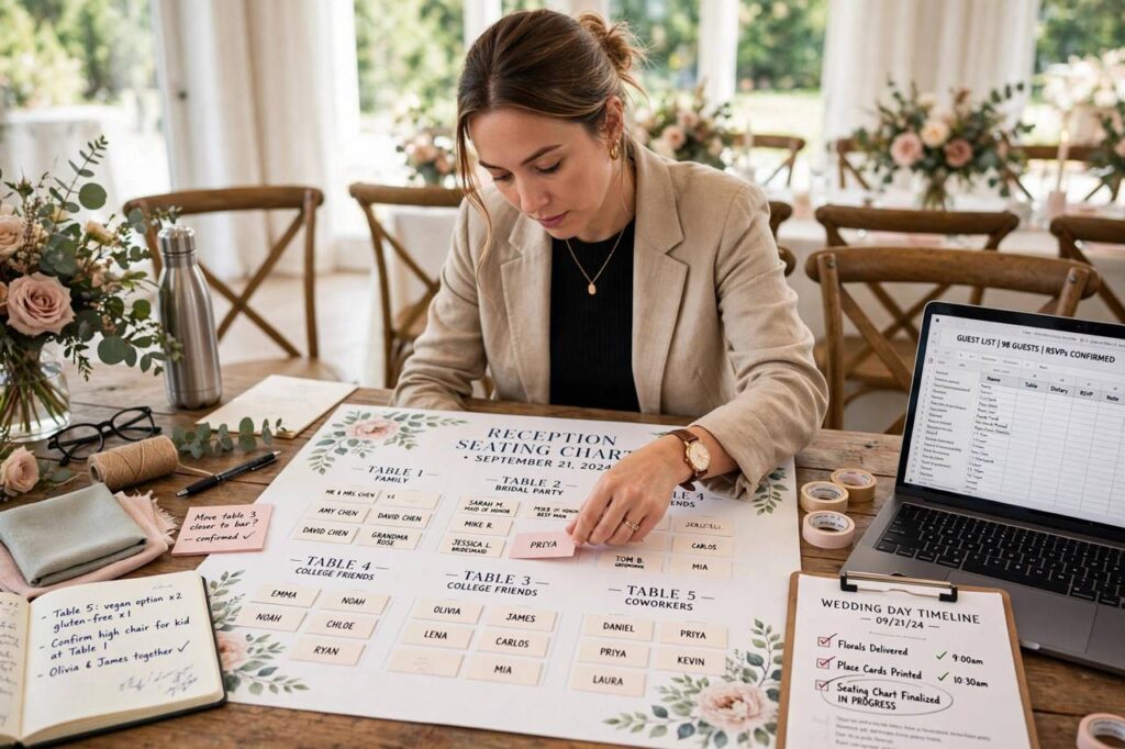 Wedding planner arranging seating chart for reception tables