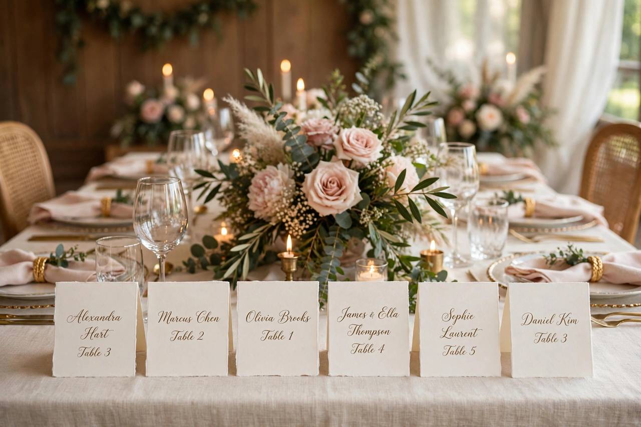 Elegant wedding reception table setting with seating chart cards