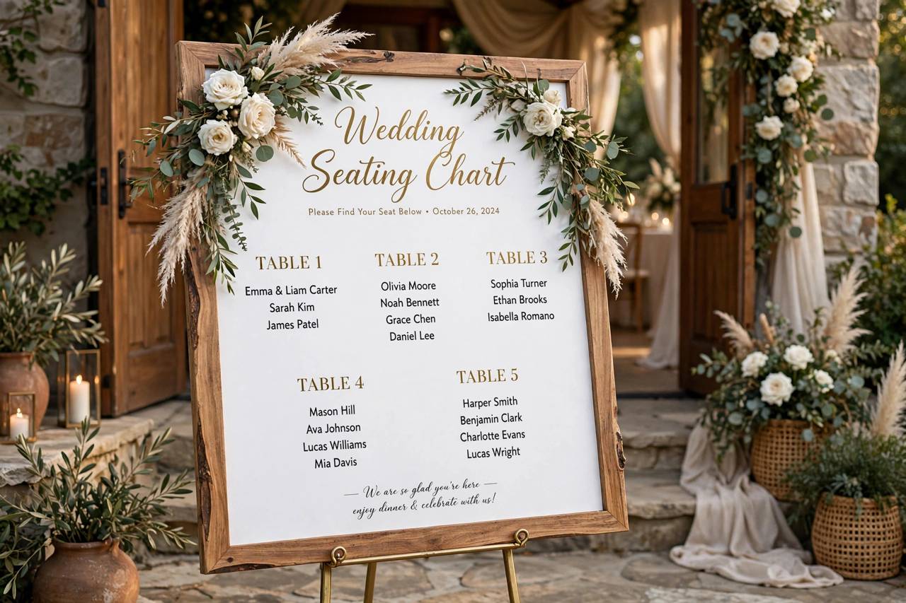 Wedding seating chart display with guest names at reception entrance