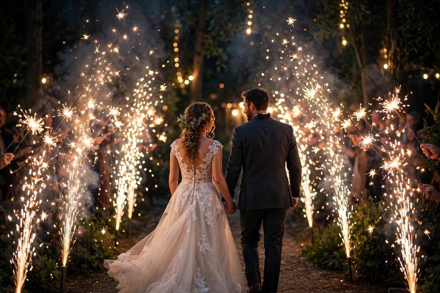 Sparkler wedding exit at night