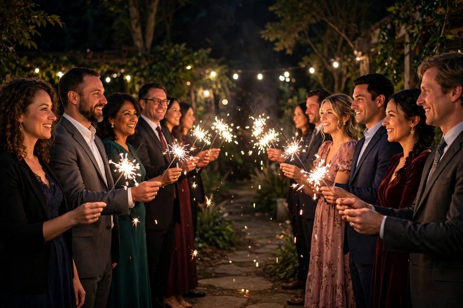Guests holding sparklers in two lines