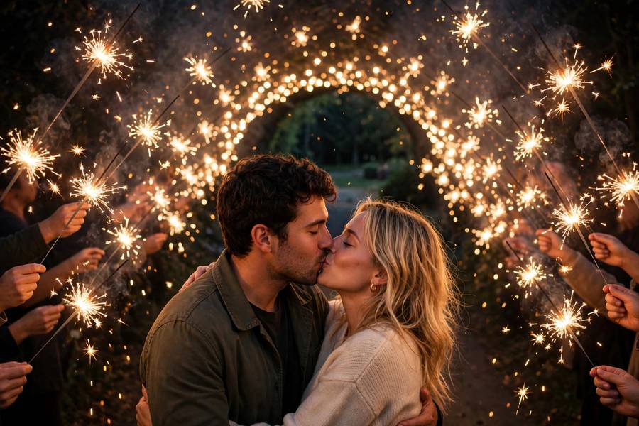 Couple kissing during sparkler exit