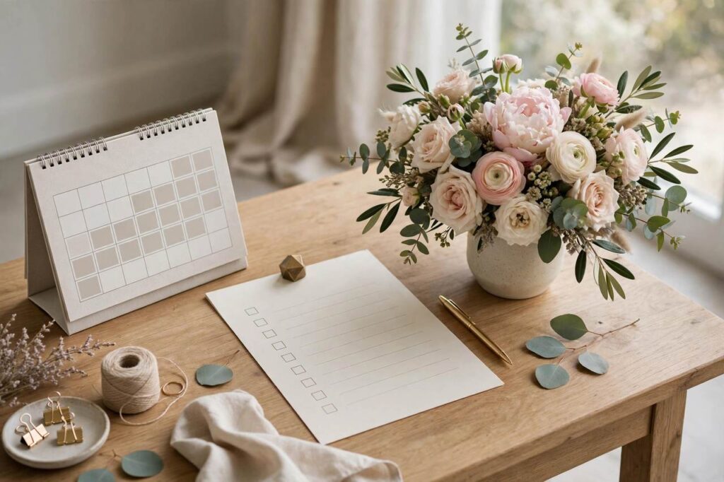 Elegant wedding planner desk with a calendar, checklist, and bouquet in soft daylight