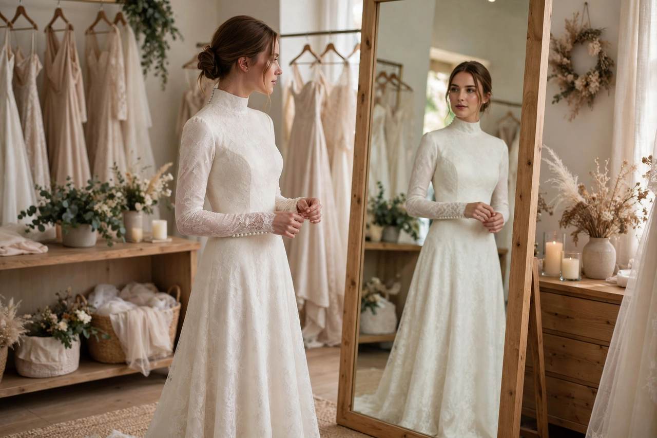Bride trying on a wedding dress in a bridal boutique with full-length mirror