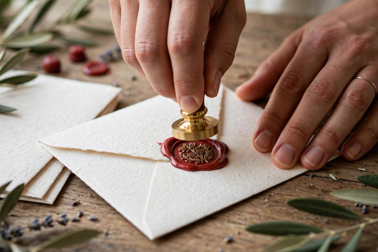 Close-up of hands sealing wedding invitations with wax stamp on a table