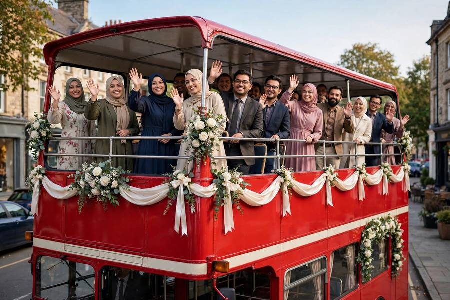 A decorated double-decker bus with wedding guests waving from the open top deck