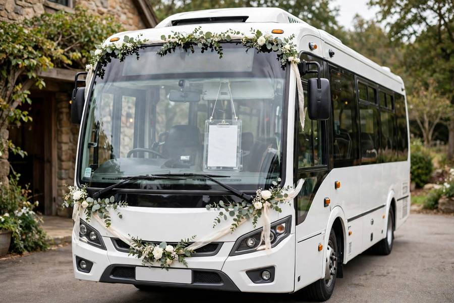 A wedding shuttle bus with a schedule sign displayed in the windshield